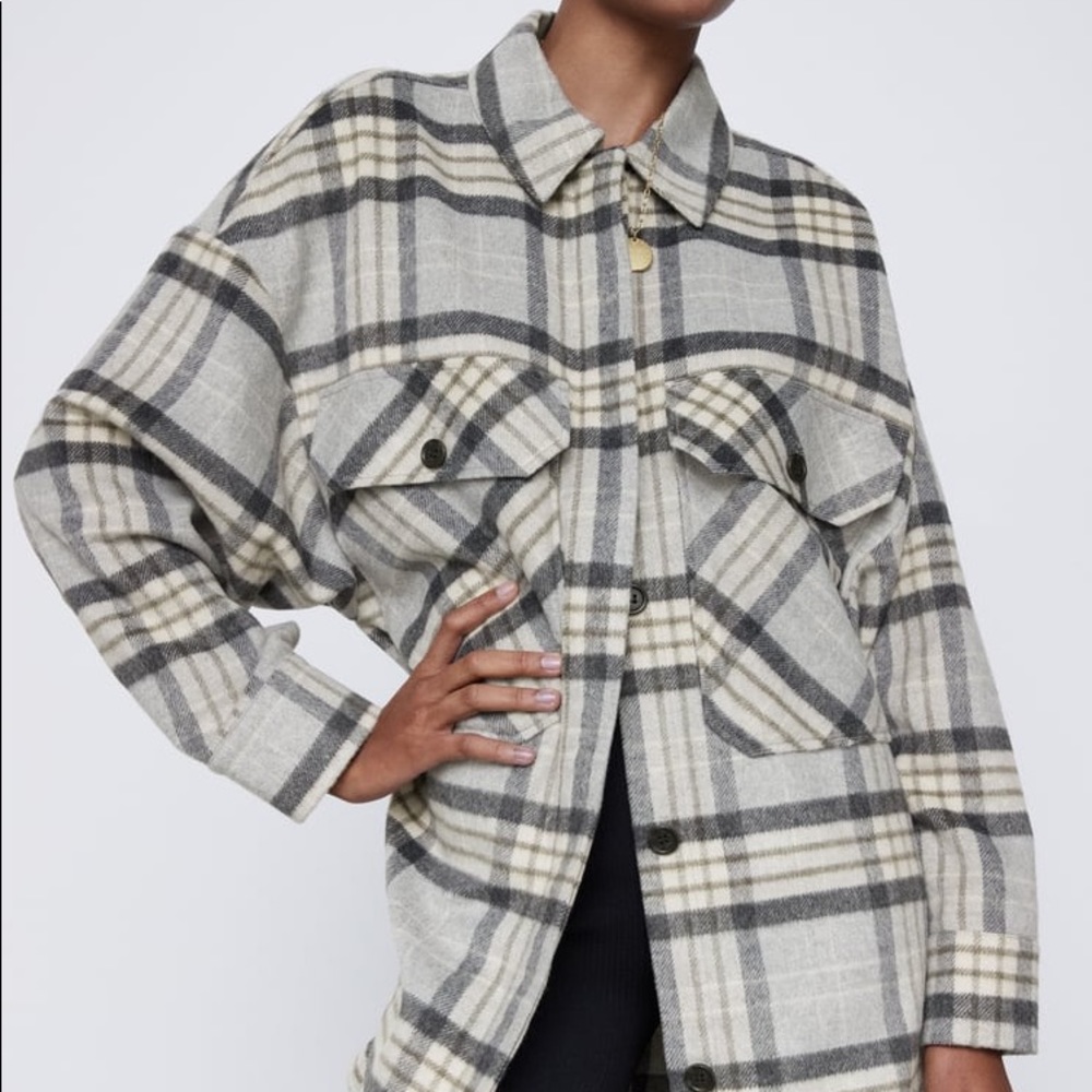 Zara Cream, Gray & Beige Plaid Button-Up Shirt Jacket